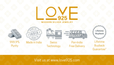 Advertisement for LOVE 925 modern silver jewelry with product features and branding elements.
