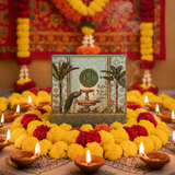 Decorative setup with flowers, candles, and a framed picture of palm trees and a temple.