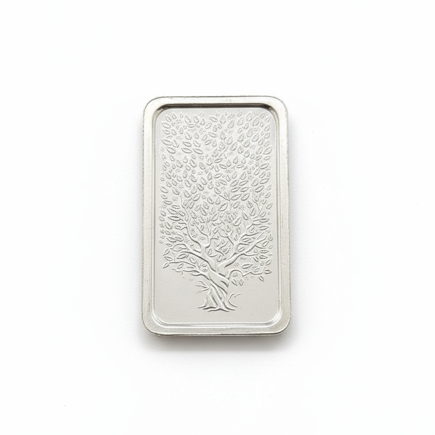 Silver rectangular tray with tree design on a white background