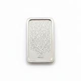 Silver rectangular tray with tree design on a white background