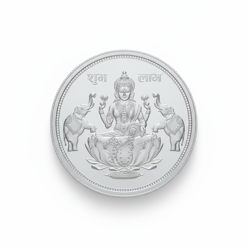 Silver coin with engraved design on a white background