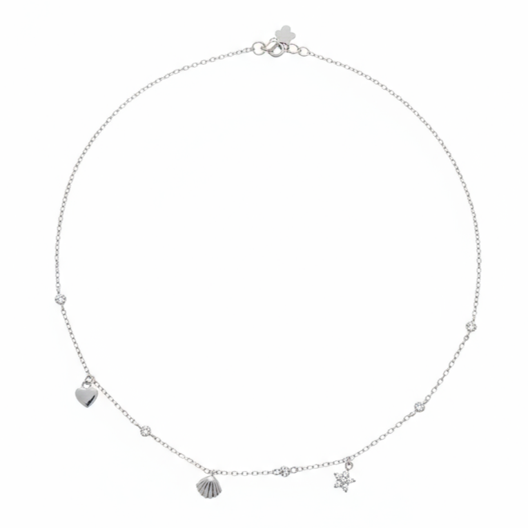 Silver necklace with star and heart pendants on a white background