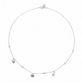 Silver necklace with star and heart pendants on a white background