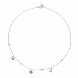 Silver necklace with star and heart pendants on a white background