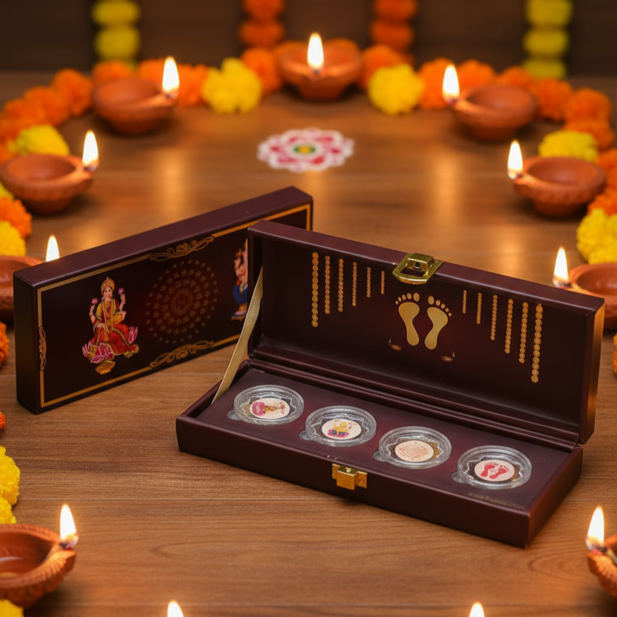 Set of coins in a decorative box with lit candles and floral arrangements on a wooden surface.