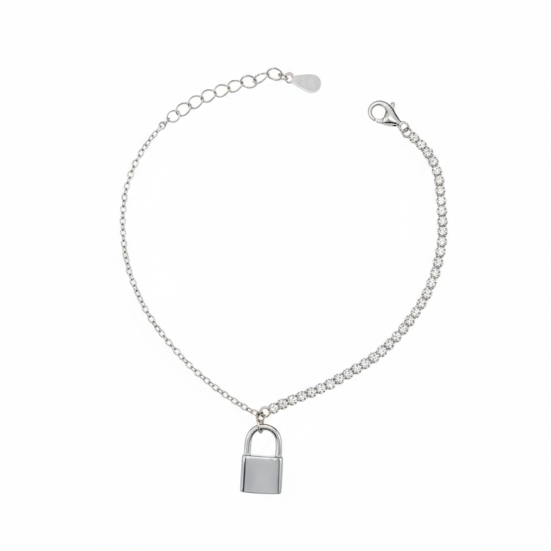 Silver chain bracelet with a padlock charm on a white background
