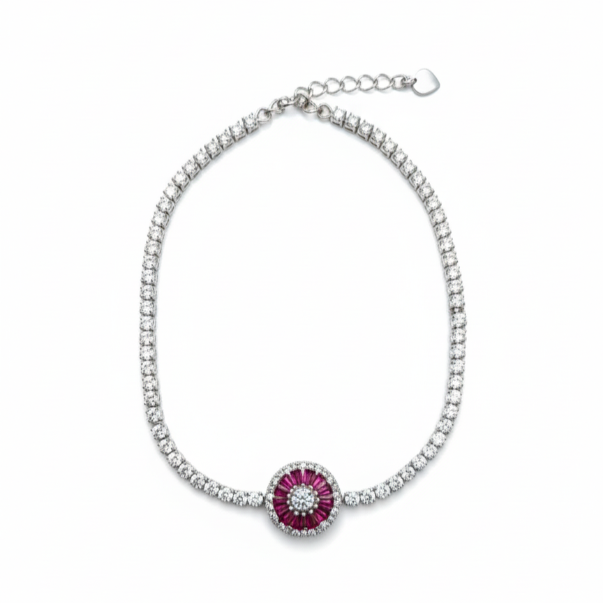 Bracelet with a central red gemstone and diamond-studded border on a white background