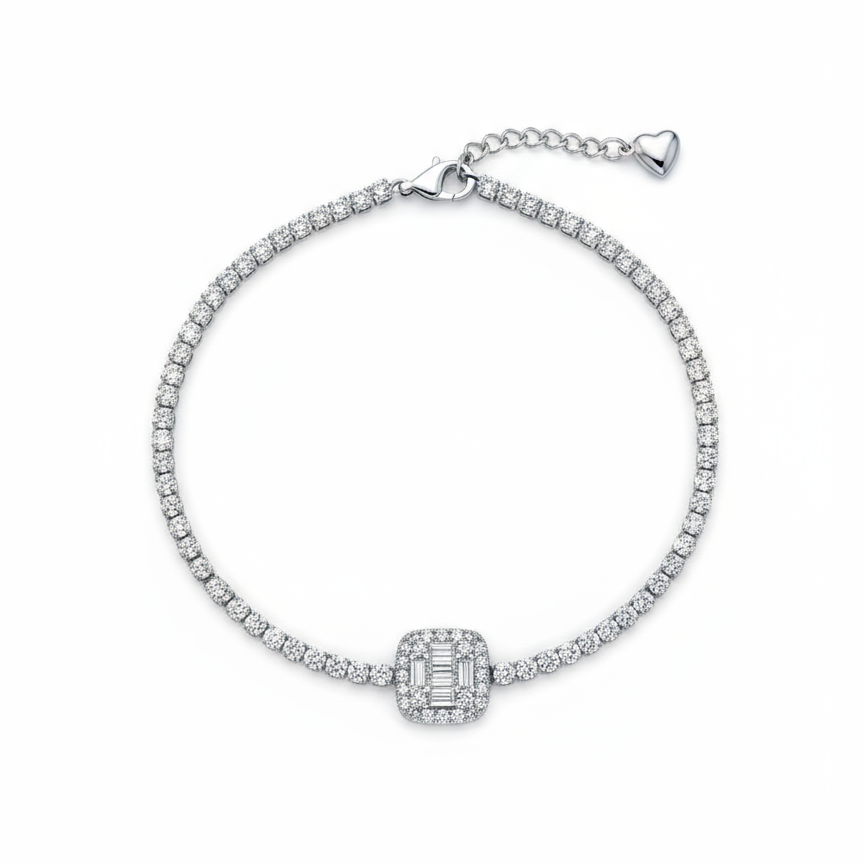 Silver bracelet with a central diamond on a white background