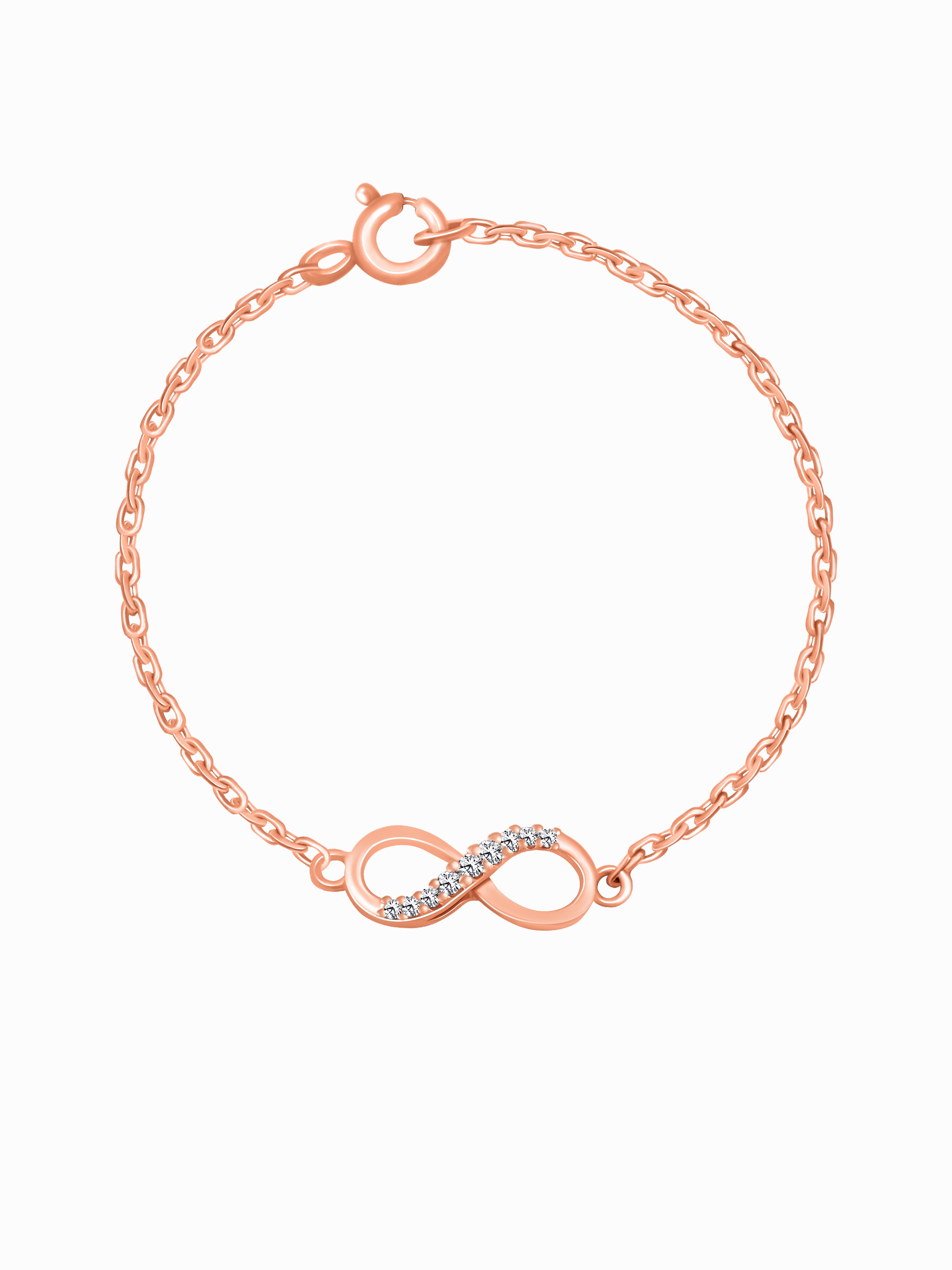 A rose gold infinity chain bracelet with a sleek design and a secure clasp.