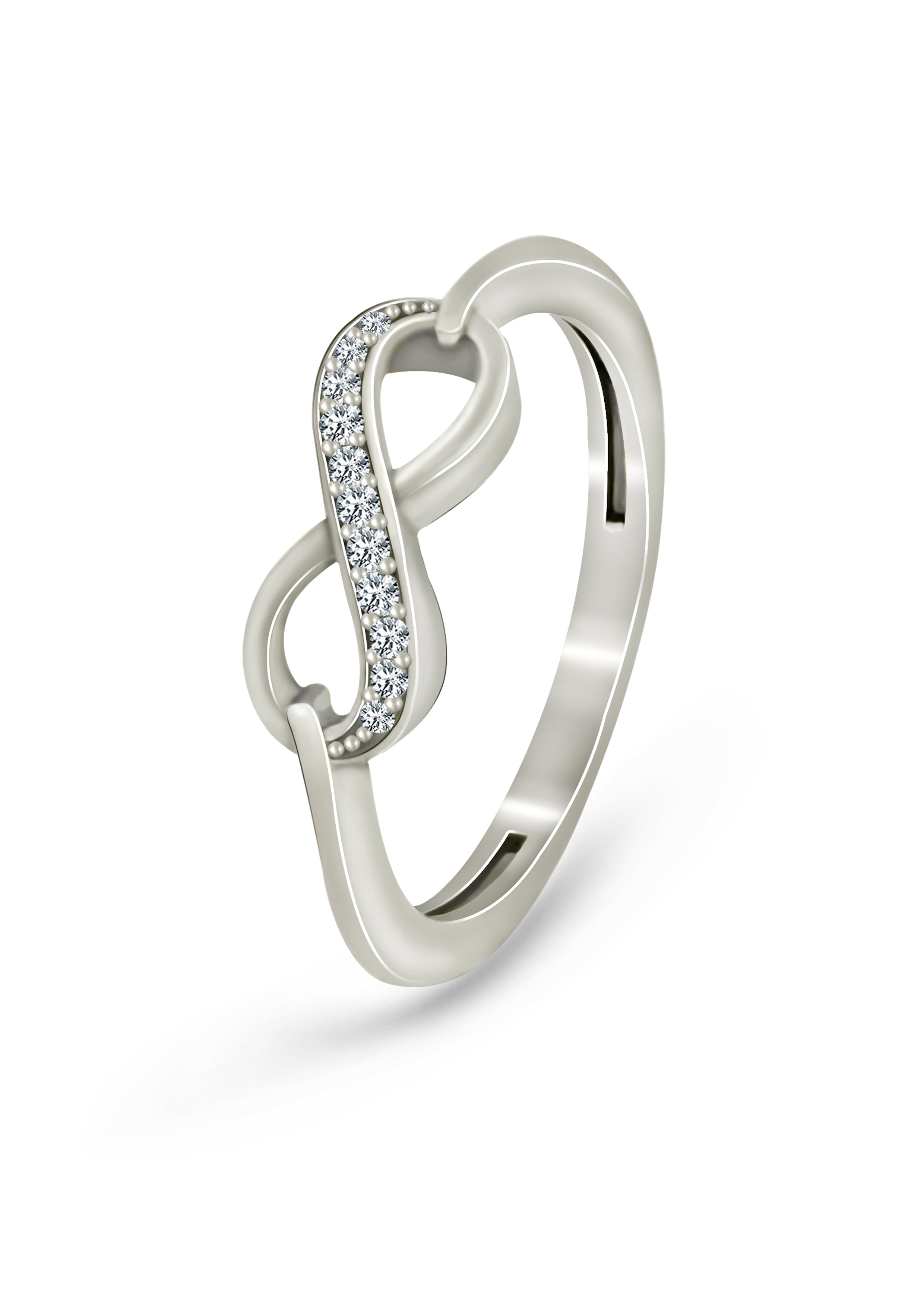 A silver infinity ring with diamond accents.