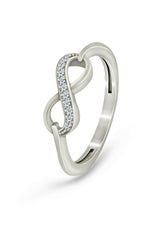 A silver infinity ring with diamond accents.