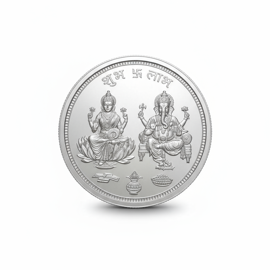 Silver coin with laxmi ganesh deities on a white background