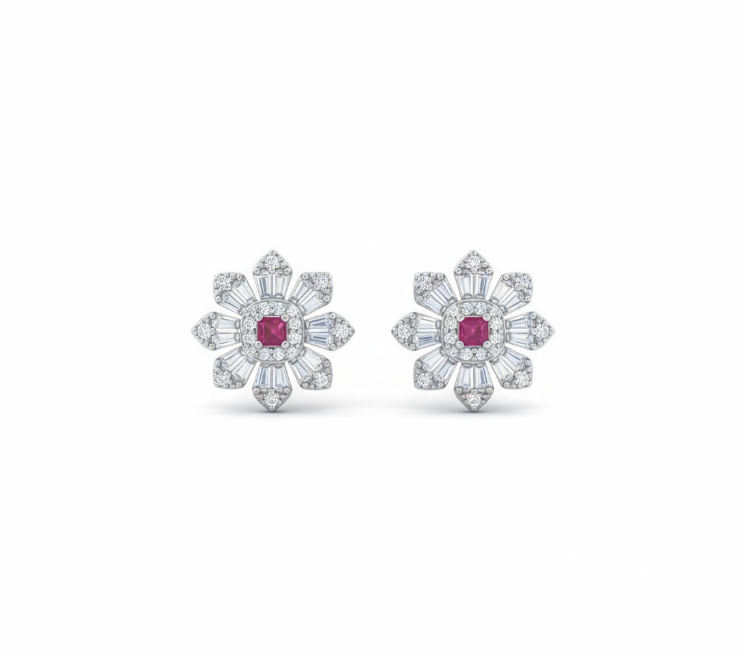 Pair of flower-shaped earrings with gemstones on a white background