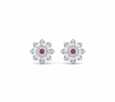 Pair of flower-shaped earrings with gemstones on a white background