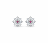 Pair of flower-shaped earrings with gemstones on a white background