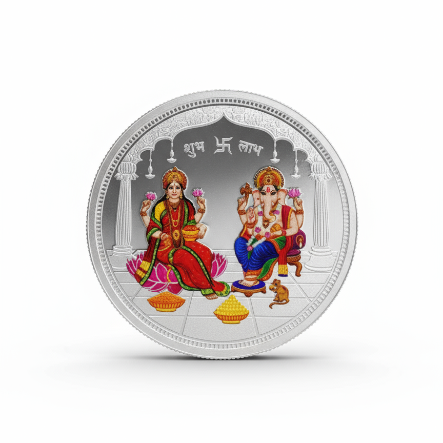 Decorative coin with colorful figures and text on a white background