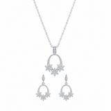 Silver necklace and earrings set on a white background