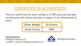 Certificate of Authenticity for a silver coin/bar with specifications on weight and purity.