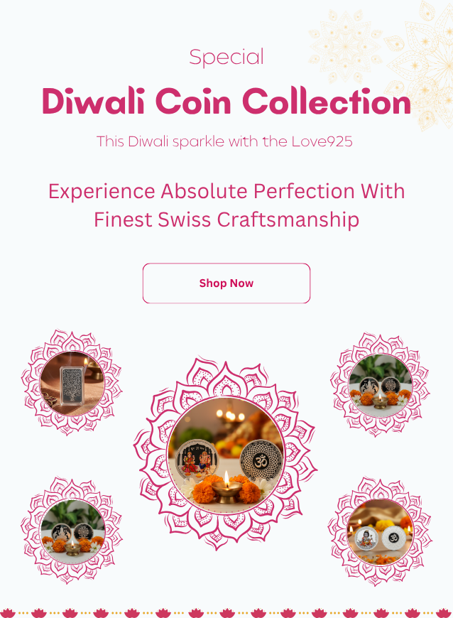 Promotional image for a Diwali coin collection with decorative elements and 'Shop Now' button.