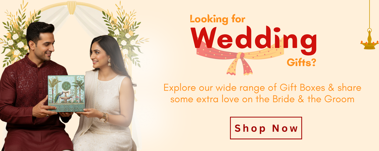 Promotional banner for wedding gifts with a couple holding a gift box on a beige background.