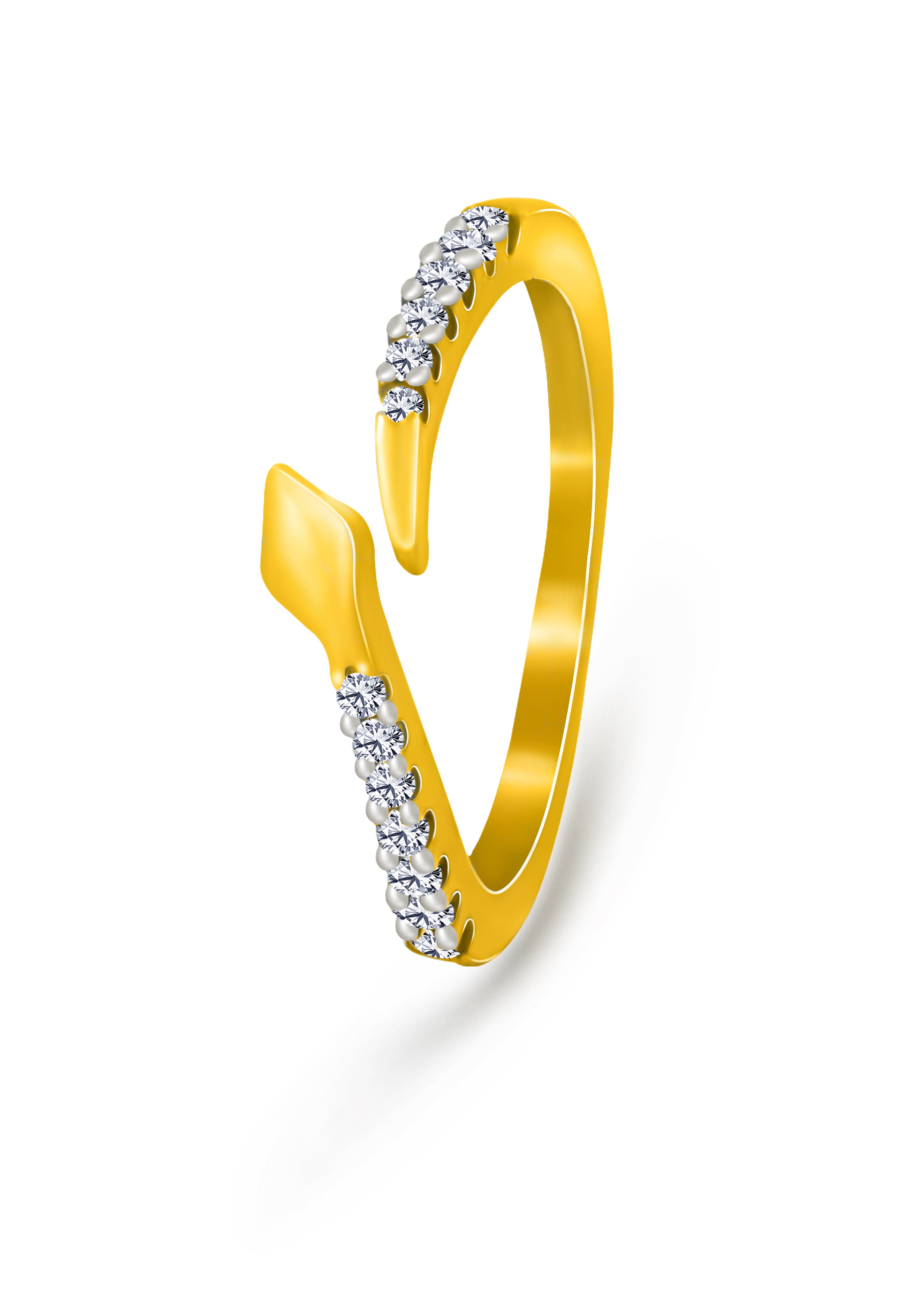 A gold-colored sterling silver ring featuring a serpent design with sparkling zircons set around its band.
