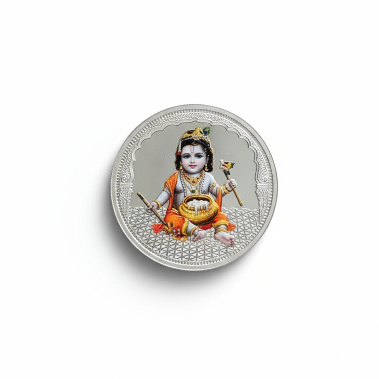 Decorative plate with a colorful depiction of a seated figure on a white background
