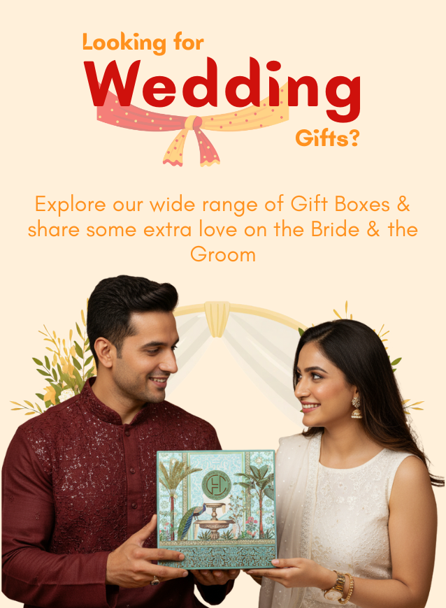 Promotional image for wedding gifts with a couple holding a gift box against a beige background.
